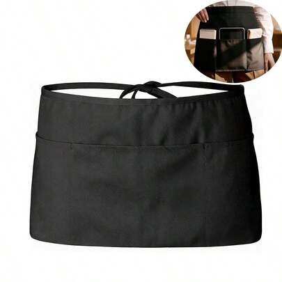 3 Pocket Waitress Apron, Durable Black Server Waist Apron For Restaurant, Cafe, Bistro, Commercial Grade With Adjustable Ties, Ideal For Waiters, Bartenders, Chefs, And Catering Professionals