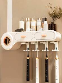 1pc Toothbrush Holder With Gargle Cup, Wall Mounted Toothbrush Storage Rack, With Toothpaste Dispenser And Cosmetic Drawer, Toothbrush Storage Organizer, Bathroom Multifunctional Toothpaste Toothbrush Container, Bathroom Accessories, Home Decor Home Bathroom Decor Fall Decor Back To School - Automatic Toothpaste Dispenser - View 5