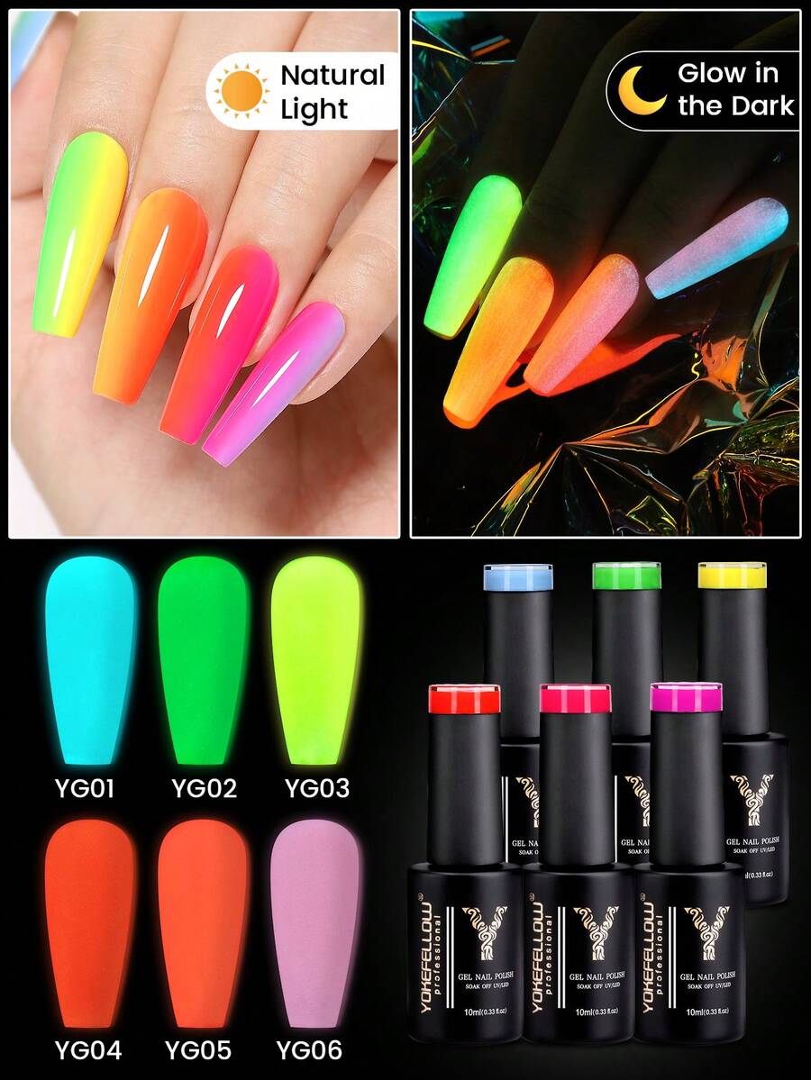YOKEFELLOW 6瓶10毫升夜光凝胶指甲油，霓虹绿、黄、橙色美甲凝胶套装，派对美甲，可卸除UV/LED美甲沙龙美甲沙龙DIY，居家亦可作为节日礼物