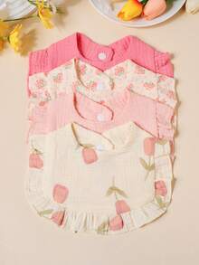 3/4pcs Baby Rose & Tulip Print Bibs With Ruffle Trim, Solid Color Soft Drool Bibs - Multicolor - View 15