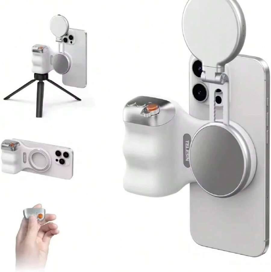 Genérico Agarre magnético para cámara de teléfono, Soporte de Disparo para Smartphone, con botón de Obturador, Control Remoto para iPhone 16, 15, 14, 13, 12 Pro MAX, teléfono Celular, Android, Vlog - A - Ver 1