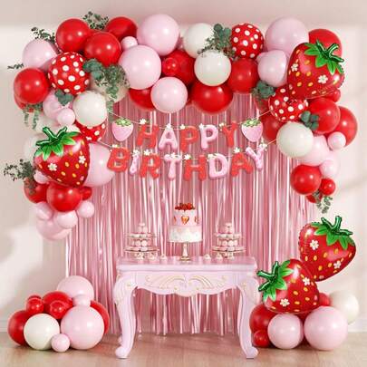 53pcs Strawberry Theme Birthday Party Decorations, Including Pink, Red, Beige And White Balloons, Suitable For Strawberry Theme 1st Birthday Party, Gender Reveal Party, Baby Shower, 1st Birthday Party And Christening Decorations