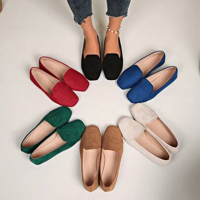 2026 Spring New Women's Square Toe Soft Bottom Slip-On Flat Shoes, Women's Autumn Shoes Fashion Versatile Loafers Retro American Style Shoes, Elegant Women's Shoes Black Shoes Brown Shoes Suede Shoes Office Shoes, Women's Loafers Ladies Mary Jane Shoes Formal Shoes, Breathable Solid Color Patchwork Design Casual Shoes Suitable For Leisure, Beach, Party, Commuting, Basic Occasions, All-Season