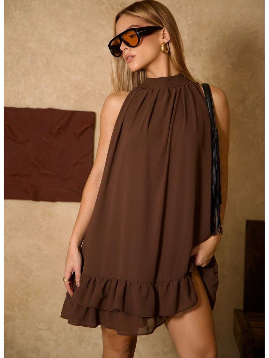 Sleeveless Short Chiffon Dress With High Neck, Ruffled Hem, And Lining - Elegant, Luxurious Party Dress - 鏽棕色 - 查看 1