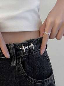 2pcs/1pc Korset Pinggang yang Dapat Diatur, Alat Pengontrol Perut Tanpa Jahitan Cocok untuk Celana Jeans Ketat, Dekorasi Kancing Jeans Denim Rhinestone yang Dapat Dilepas, Pembentuk Sabuk Pinggang Logam, Cocok untuk Celana dan Rok - Perak/Hitam/Emas - Gesper pinggang berbentuk bintang berujung empat - View 4