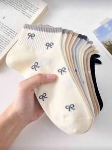5 Pairs Women's Cute Breathable Bow Pattern Short Socks, Simple Comfortable Boat Socks, White And Black, Suitable For Daily Casual Wear In Autumn/Winter And All Seasons - Multicolor - View 3
