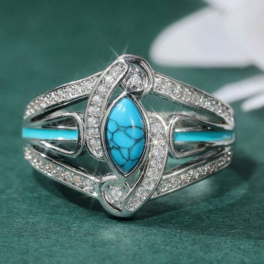 Minimalist Bohemian Synthetic Turquoise Inlaid Ring, Retro Fashion Versatile For Daily, Casual, Party Wear, Women's Anniversary Jewelry - Silver - View 1