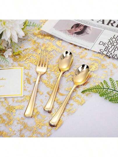 50/25/10/6 piezas Juego de cubiertos de alta calidad, incluye cuchillo/tenedor/cuchara, material pulido espejo, apto para lavavajillas, elegante y duradero, adecuado para cocina, comedor, boda, fiesta de cumpleaños, celebración festiva y actividades al aire libre, juego de cubertería dorada brillante.