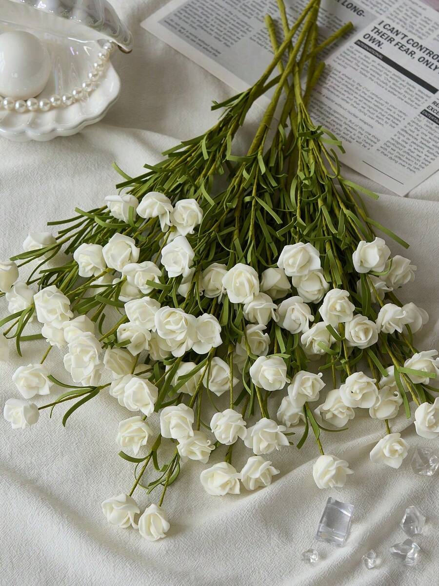 1pcs Artificial Flowers Mini Roses Bouquet Realistic DIY Foam Floral Decor For Valentine's Day Gift Wedding Bouquets/Centerpieces, Outdoor Party Backdrops, Room/Table, And Garden/Pot Decoration Gifts Birthday Graduation - trắng - Xem 1