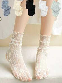 chuanwa（2） 1/5/10 Đôi tất lưới rỗng mùa hè dành cho nữ, thời trang Harajuku, phong cách Nhật Bản cổ điển, tất ren xếp nếp gợi cảm, siêu mỏng, trong suốt, mềm mại - Nhiều màu - Xem 2