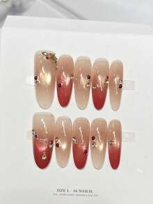 10pcs Handmade Nails Oval Nails Acrylic Press On Nails Long, Gentle Champagne Red Nails, Flashy Cateye, Handpainted Irregular Lines Nail Gems Small Rhinestone Diamond Star Inlaid, Edgy Elegant Simple Spring Fake Nails, Summer Nails, Party Daily & Dating Use Beach Tropical Getaway Suitable,DIY False Nail Art Suitable For Women & Girls As Gift Nail Supplies - Multicolor - View 11