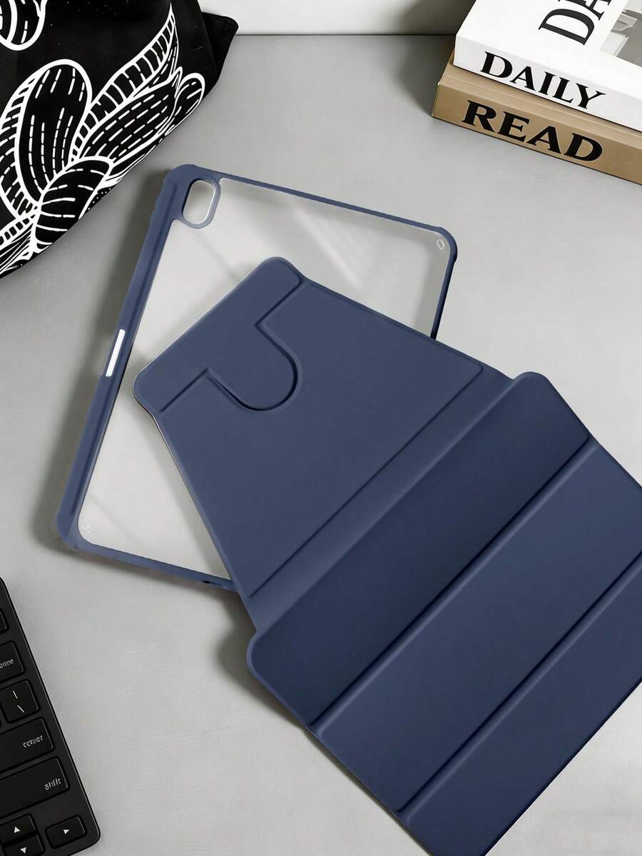 Ốp lưng máy tính bảng gấp ba 360° bằng acrylic màu xanh đậm, tương thích với iPad Mini6/Mini7/Air/Air2/9.7/10.2/10.5/Air4/Air5/10.9/Pro 11"/Air11(M2) 2024/Thế hệ thứ 10/12.9/ Air 13(M3 2025)/ Air 11-Inch (M3) 2025/ (A16) 11 Inch Thế hệ thứ 11 2025, mặt lưng acrylic chống trầy xước, chống cong vênh, khe cắm bút cảm ứng tích hợp, chân đế xoay 360°, tự động ngủ/thức, kiểu dáng tối giản/cổ điển/doanh nhân. - Xanh đậm - Xem 1
