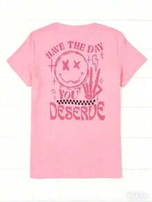 1pcsWomen's 'Have A Day You Deserve' Graphic T-Shirt - Black, Breathable Short Sleeve Crew Neck Top With Happy Face And Letter Design, Casual Summer Wear180gsummer Tops,Graphic Tees Women,100 Percent Cotton Clothing Women,Blusas De Verano Para Mujer - 粉色 - 查看 2