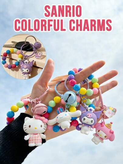 Sanrio Colorful Charms Beaded Keychain Set - Officially Licensed Cute 3D Cartoon Character Keychains Featuring Hello Kitty, Cinnamoroll, Kuromi & My Melody, Vibrant Acrylic Beaded Wrist Key Rings With Bells And Acrylic Charms, Durable Bag Charms For Keys, Backpacks, Purses And Daily Use, Ideal Gift For Sanrio Enthusiasts And Students