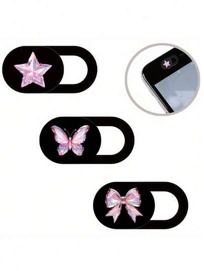 3件装粉色爱心蝴蝶水晶效果摄像头保护壳，兼容手机和电脑镜头，防水防震防摔防刮防指纹全包保护壳