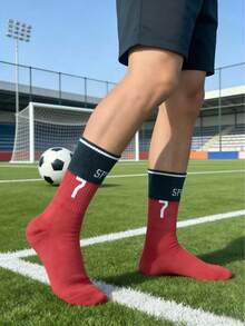 1 Pair Red Numeric Print Sports Socks, Breathable Basketball Socks For Men - Red - View 4