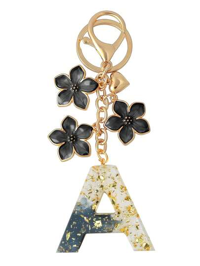 1个花朵爱心装饰钥匙扣，女士黑白字母手提包挂饰，可爱配饰礼品