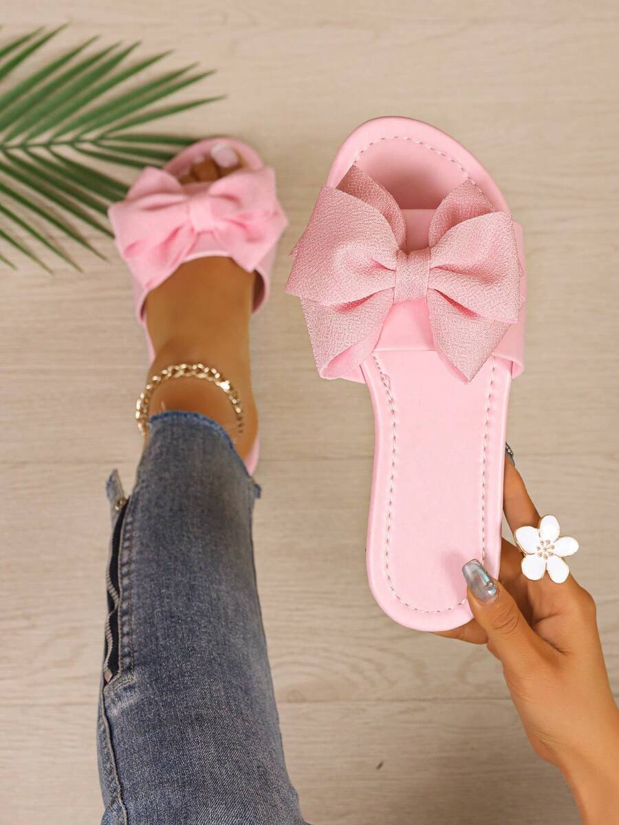 Flat Heel Slippers For Women, New Summer Styles With Bow Decor, Versatile Strap Slides - Baby Pink - View 1