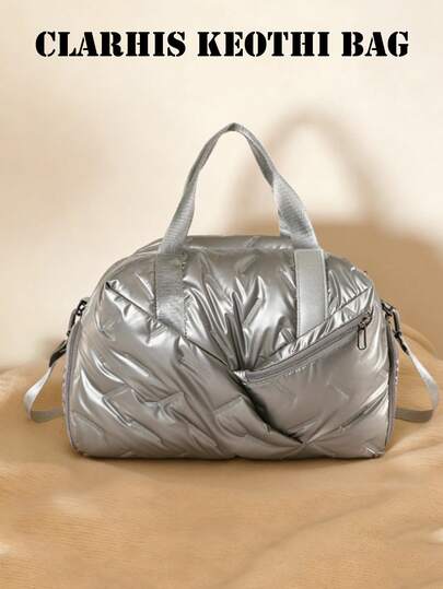 新款时尚大容量亮面PU防水设计，菱格纹拼接拉链单肩手提包，旅行度假必备单肩包，羽绒服收纳包，周末过夜包，瑜伽健身包，校园通勤包，适合短途旅行、大学生户外度假、返校使用