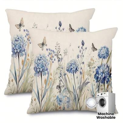 2pcs Spring Flowers Pillow Covers Watercolor Floral Blue Hydrangeas & Wildflowers With Butterflies Design, Contemporary Decorative Throw Pillow Cases For Sofa Couch Patio, Zipper Closure Machine Washable Indoor/Outdoor Home Decor, Flower Decor