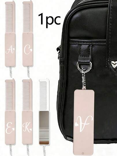 1 chiếc lược gấp gọn 2 trong 1 kiêm gương trang điểm, in chữ cái đầu từ A-Z, lược móc khóa di động cho phụ nữ và bé gái, lược bỏ túi có dây treo, có thể dùng làm móc khóa hoặc mặt dây chuyền túi xách | Gương cầm tay cá nhân hóa, vật dụng cần thiết khi đi du lịch ngoài trời, văn phòng và trường học, dụng cụ tạo kiểu tóc phù hợp với mọi loại tóc