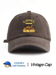 1pc Unisex Vintage Washed Baseball Cap - Retro Camel & Pyramid Pattern - Provides Earthy Tones (Navy Blue, Black, Khaki, Coffee) And Vibrant Colors (Burgundy, Light Pink, Orange) - Soft "Denim Look" Dad Hat Suitable For Outdoor Adventure And Gifts - 駱駝 - 查看 5