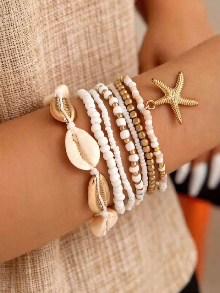 7件套波西米亚风锌合金海星树脂串珠手链，精美礼物，适合女性海滩度假