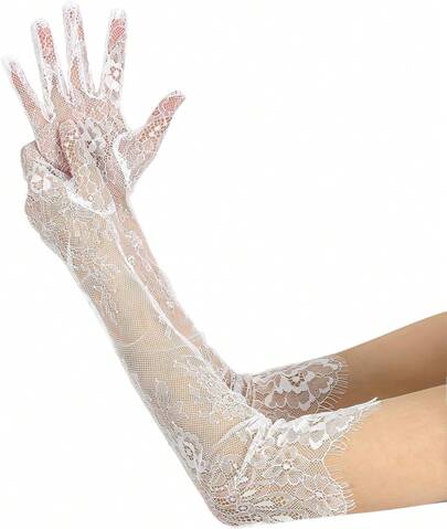 Long White Lace Gloves Women, Women's Lace Elegant Bridal Wedding Gloves, Floral Mesh Tea Party Glove Bridal Wedding, Retro Floral Glove Weddings Tea Party Opera Dance Masquerade