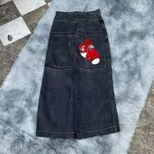 Men Men Retro Gothic High Waist Jeans Y2k Baggy Black Harajuku Hop Pattern Embroidered Blue Pants Wide Leg Jeans - 3 - 查看 12