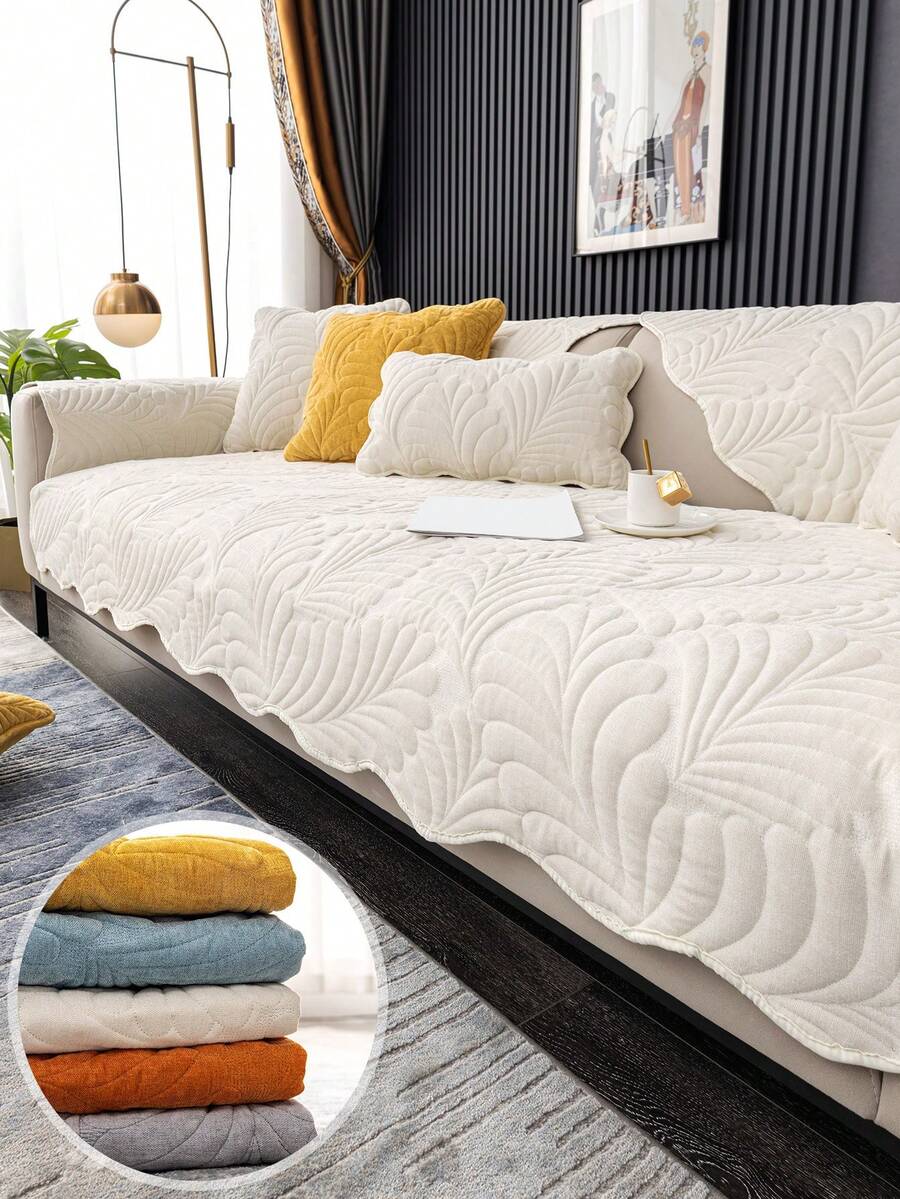 1pc Leaf-Shaped Chenille Sofa Cushion Cover With Leaf Pattern Jacquard - White - View 1