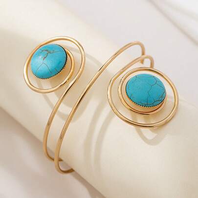 Vòng tay sắt xoắn ốc thời trang màu vàng đồng đính đá ngọc lam dành cho nữ