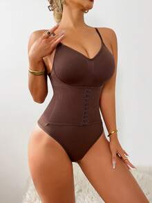 Never me Women's Waist Trainer Bodysuit, Double-Layer Tummy Control, Sleeveless High Stretch Compression - Coffee Brown - View 2