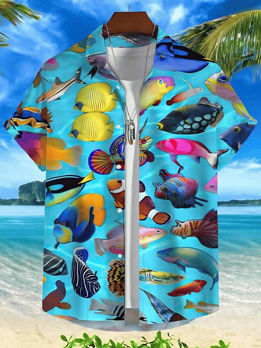 3d Fish Print Hawaiian Shirts For Men New Men's Shirt Casual Unisex Clothing Summer Quick Dry Short Sleeve Shirt Tops - A508D-AL23162 - 查看 1
