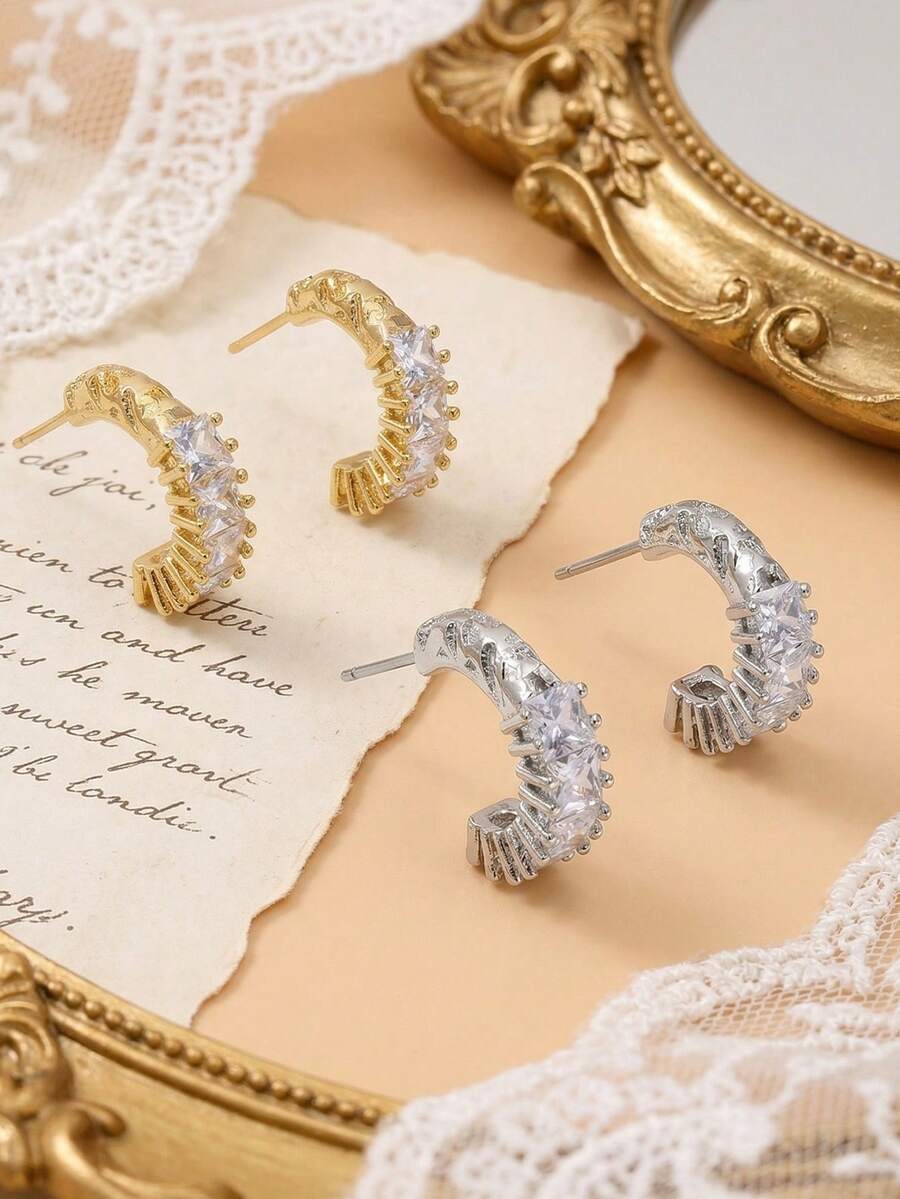 2pcs Vintage Engraved Gold & Silver Tone C-Shaped Hoop Earrings For Women, Party Wear - Multicolor - View 1