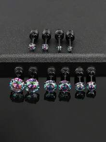Khuyên tai không gây dị ứng dành cho cả nam và nữ, 1 đôi khuyên tai đinh tán bằng kim loại titan, màu đen 20G, có khóa cài xoắn ốc, đính đá Cubic Zirconia cầu vồng, có các kích cỡ 2mm, 3mm, 4mm, 5mm, 6mm, 7mm, trang sức đục lỗ, quà tặng lễ hội cho Ngày Valentine, mùa tốt nghiệp và lễ hội hóa trang, v.v. - màu đen - Xem 3