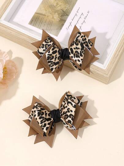 2个豹纹发夹，时尚豹纹鳄鱼夹，精致罗缎丝带蝴蝶结发夹，女孩节日派对头饰，儿童宝宝发饰