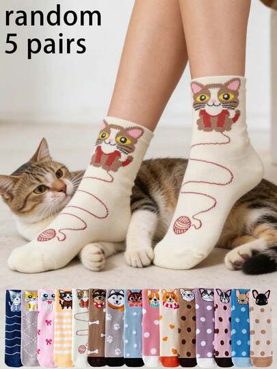 5 Pairs Random Cartoon Cat & Dog Design Mid-Calf Socks, Fashionable & Versatile Thin Socks For Summer