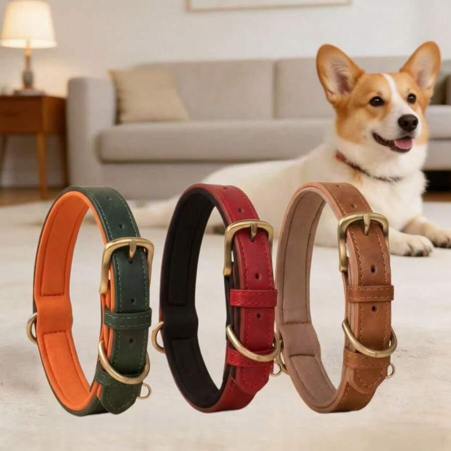 1pc Adjustable Brown PU Leather Dog Collar With Soft Microfiber Padding, Suitable For Small And Medium Dogs - Multicolor - View 1