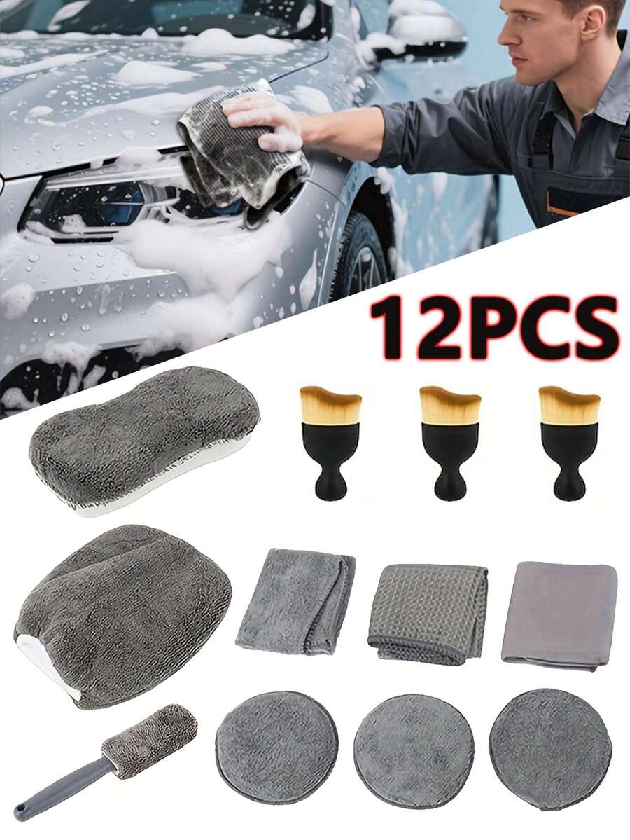 Bộ dụng cụ vệ sinh xe hơi 12 món, bộ rửa xe bằng sợi microfiber bao gồm bàn chải lốp, miếng lau vết xước và miếng bọt biển đánh bóng chi tiết - Găng tay bền, mềm mại, dụng cụ vệ sinh bên trong và bên ngoài, bộ dụng cụ chăm sóc xe hơi chuyên nghiệp.