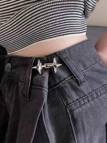 2pcs/1pc Korset Pinggang yang Dapat Diatur, Alat Pengontrol Perut Tanpa Jahitan Cocok untuk Celana Jeans Ketat, Dekorasi Kancing Jeans Denim Rhinestone yang Dapat Dilepas, Pembentuk Sabuk Pinggang Logam, Cocok untuk Celana dan Rok - Perak/Hitam/Emas - Gesper pinggang berbentuk bintang berujung empat - View 7