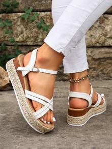 White Criss-Cross Woven Platform Sandals For Women, Summer One-Strap Thick Bottom Roman Shoes - 白色 - 查看 6