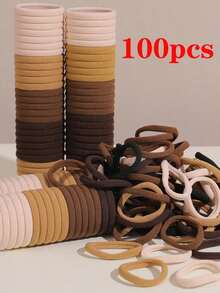 100pcs Girl's Headband, Brown Solid Color Elastic Hairband For Daily Use, Simple And Durable, Thick Ponytail Headband, Simple And Elegant Style, High Elasticity Seamless Hair Accessory - 多色的 - 查看 3