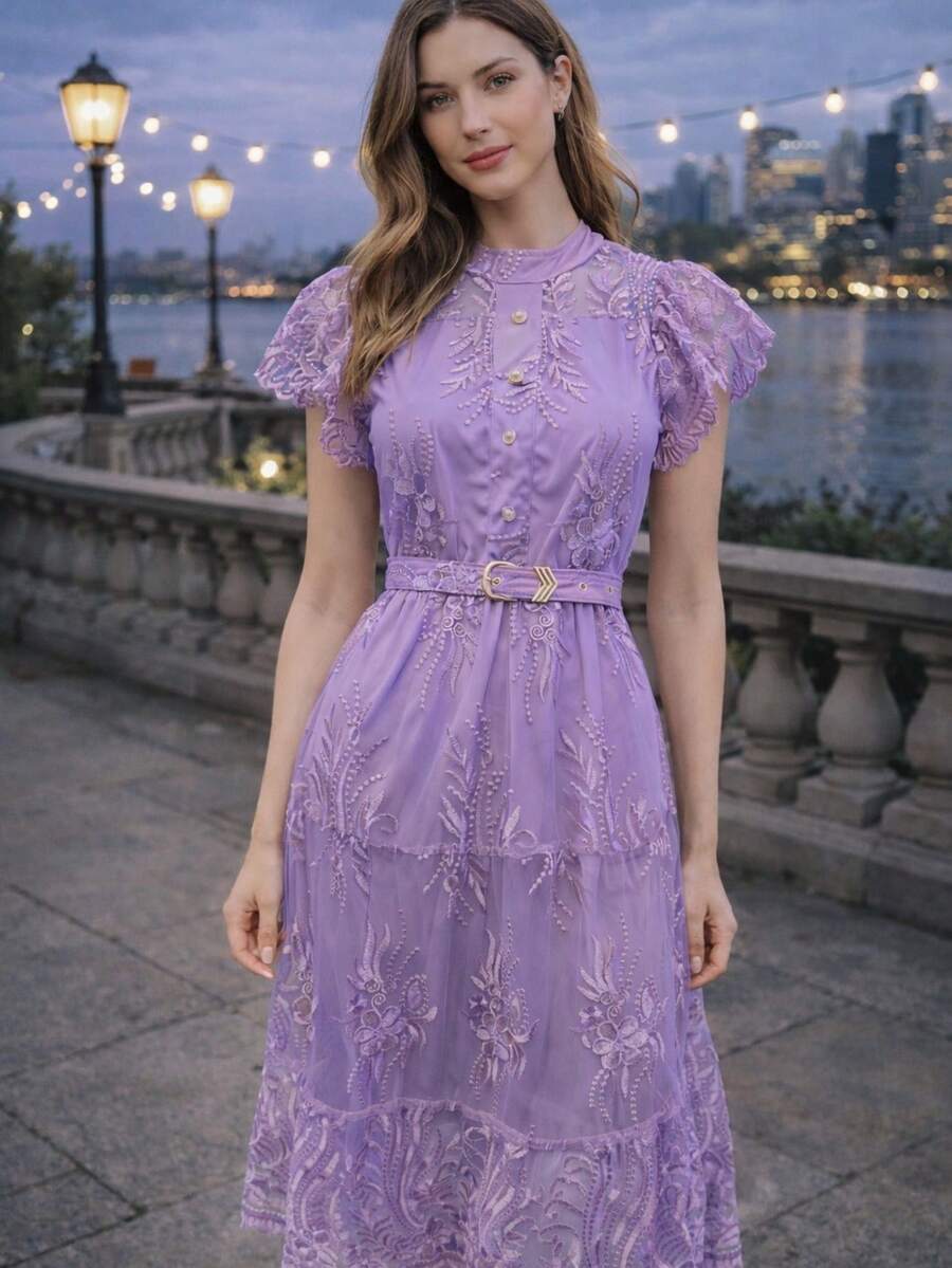 Midi Dress With Embroidered Tulle And Three Tiers, With Belt | Elegant And Romantic - Màu Lilac Tím - Xem 1