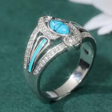 Minimalist Bohemian Synthetic Turquoise Inlaid Ring, Retro Fashion Versatile For Daily, Casual, Party Wear, Women's Anniversary Jewelry - Silver - View 4