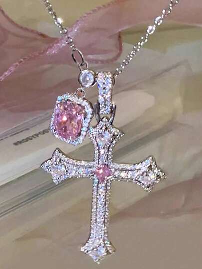 1pc Rhinestone Cross Necklace, Pink Square Pendant Necklace, Fashionable & Luxury Silver Necklace Suitable For Women To Wear Daily, Perfect For Dating, Parties, Festivals And Jewelry Gifts