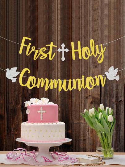 1pc Glitter Gold First Holy Communion Banner, Baptism Themed Baby Shower Hanging Flag, First Communion Christening Party Decoration Banner, Baby Shower 1st Birthday Party Decor Flag