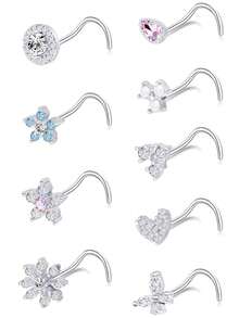 Bộ 9 khuyên mũi nữ tính tối giản, không gây dị ứng, làm bằng thép không gỉ, đính đá Zirconia lấp lánh và nhiều mặt dây chuyền hình dạng khác nhau, thích hợp làm trang sức xỏ khuyên và dự tiệc cho nữ. - Bạc - Xem 12