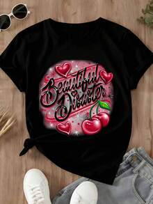 Beautiful Disaster T Shirt White Cherry Hearts And Sparkles Print Casual Wear For Women - màu đen - Xem 3