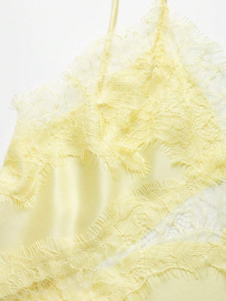 DEEKA Nouvelle arrivée d'été Robe pour femmes, mode européenne et américaine Robe en dentelle asymétrique minimaliste sexy et élégante - Jaune citron - Voir 8