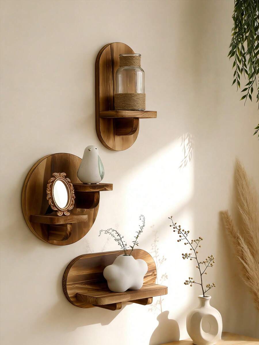 1pc/2pcs/3pcs Geometric Shaped Wall Mounted Storage Rack, Wooden Floating Shelf, Rustic Style Wooden Wall Hanging Storage Rack, Bedroom Kitchen Wall Mounted Wooden Display Rack, Bathroom Wall Mounted Shelf, Small Wall Hanging Farmhouse Decor, Spring Home Decor, Perfect Mother's Day Gift